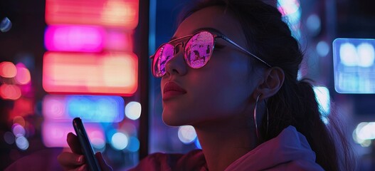 Poster - A futuristic business environment features a woman leveraging AI, smartphones, and connectivity to analyze cyber data and drive technological innovation