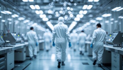 Poster - workers in cleanroom environment wearing protective gear at a modern technology facility during dayt