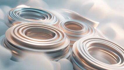Poster - rotating metallic rings surrounded by soft clouds in a dreamy atmosphere at dawn