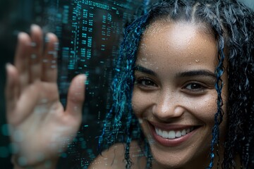 Poster - A futuristic business person, who is a black woman, uses a holographic display with digital data and statistics, while also engaging with trading charts and user experience designs through hand