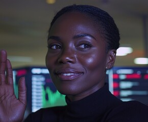 Poster - The scene shows a black woman as a happy and futuristic business person interacting with a touch screen and hologram that displays data analytics, statistics, or finance, and features an overlay of