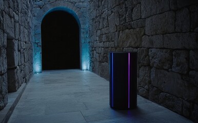 Poster - d rendering of a product stand with no products, featuring neon lights on a background of brick wall