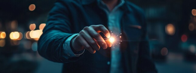 Poster - The concept of digital transformation for the next generation technology era is represented by a woman's hand touching it