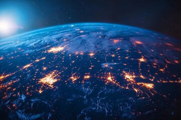 Poster - The digital transformation concept features a glowing Earth planet, encircled by light dots, positioned on an abstract dark background