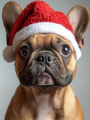 Wall Mural - Joyful dog dressed in a merry santa hat radiating holiday cheer in a fun and playful indoor setting