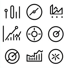 Poster - A collection of financial analysis line icons in a modern linear style, featuring simple graphic elements and outline symbols in black