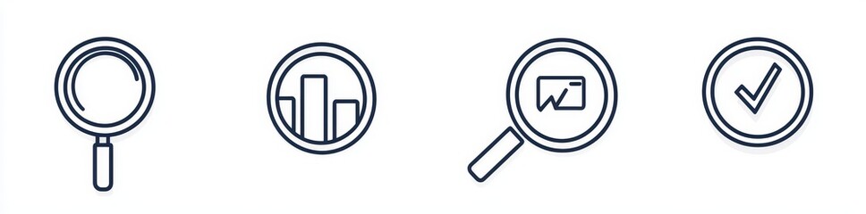 Poster - A modern illustration features a set of financial analytics or metrics icons for business research, including analytics information, data, and various business-analysis symbols