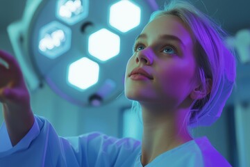 Poster - A female doctor accesses medical information and patient treatment details through a virtual screen using hand gestures