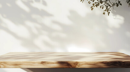 Wall Mural - empty minimal natural wooden table counter podium, beautiful wood grain in sunlight, shadow on white