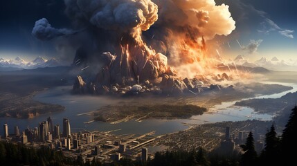 Wall Mural - volcanic eruption over cityscape: a digital painting of imminent disaster