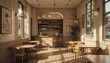 © Ai DreamscapesTH - Sunlit Cafe Interior Design Wooden Tables and Chairs in a Cozy Restaurant Setting