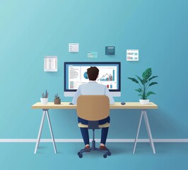 Poster - The monitor displays a people analytics graph and financial investment report