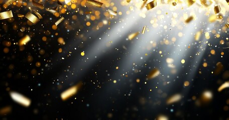 Poster - A festive stage at night is set with golden confetti and a light beam, surrounded by an empty room mockup that includes copy space for various celebrations and presentations