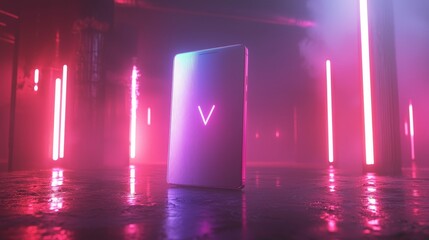 Poster - An abstract 3D background wallpaper with glass squares and colorful light emitters that produce an iridescent neon holographic gradient can be utilized as a design element for creating visually