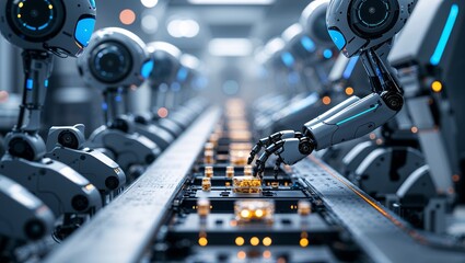 Poster - robots assembling components on a busy production line in a futuristic factory environment during da