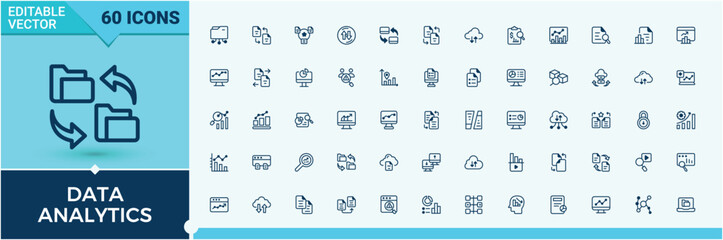 Poster - Set of Data Analytics line icons. Contains linear outline icons like arrow, graph, security, statistics, optimization, server. Outline icon collection. Editable vector outline and solid icons.