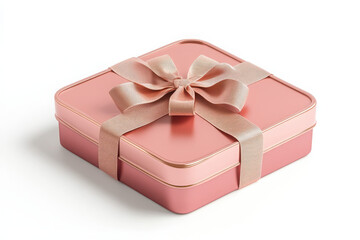 Wall Mural - a 3d illustration of a square gift box with a rose gold ribbon and bow elegantly designed in soft red tone suitable for various festive events isolated on white background