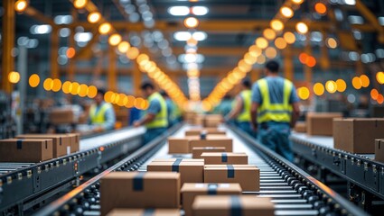 Poster - workers organize cardboard boxes on conveyor belt in a bustling warehouse during a busy afternoon