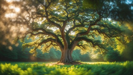 Wall Mural - majestic ancient tree stands proud in a serene forest during golden hour, showcasing vibrant green f