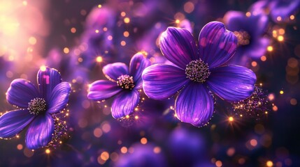 Poster - Vibrant purple flowers with sparkling bokeh in soft focus, ethereal garden ambiance. Nature's beauty and harmony concept