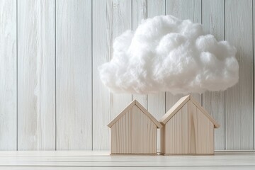 Fototapete - A wooden house model incorporating virtual cloud computing, data application, and technology transformation through information upload and download