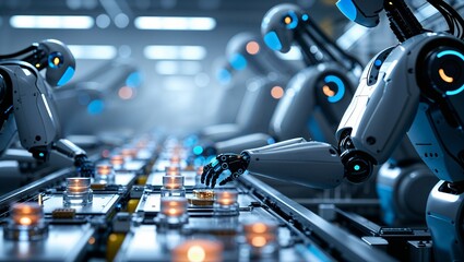 Poster - robotic arms working on an automated assembly line in a futuristic factory