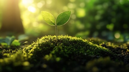 Poster - Young green seedling sprouting in sunlight on mossy forest ground, bokeh effect background. Nature growth and sustainability concept