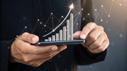 Poster - Digital Growth: A close-up shot of hands holding a smartphone displaying a growing financial graph, symbolizing economic progress and business expansion.