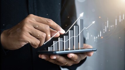 Poster - Forecasting Success: A person navigates the digital landscape, manipulating 3D bar graphs with a touch, projecting financial gains and market expansion.