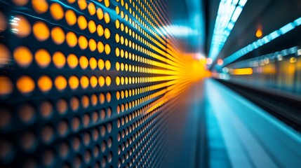 Poster - Illuminated wall of lights in tunnel, leading to bright future, possibly for advertising