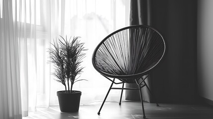Poster - Indoor modern setting with chair and plant near the window. Background curtain, bright, home, relaxation, interior, design