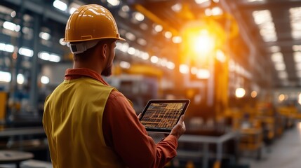 Wall Mural - Industrial Worker Using Tablet in Factory Setting with Machinery and Equipment in Background, Focused on Digital Information and Productivity