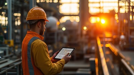 Poster - Industrial Worker Using Tablet in Factory Setting During Sunset with Warm Lighting and Production Equipment in Background