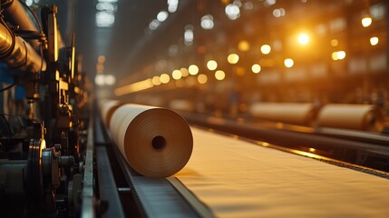Poster - industrial paper mill process with unrolling rolls of paper on production line emitting warm light i