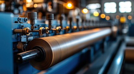 Poster - industrial mill machinery with rolled material in a modern factory setting, showcasing manufacturing