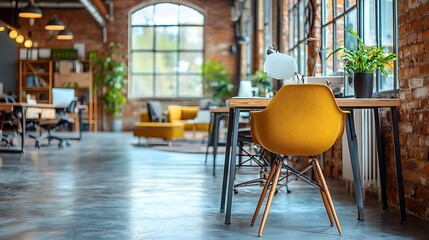 Poster - Industrial open-plan office with natural light, workspace, modern design