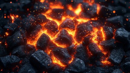 Poster - Glowing embers and hot coals with sparks in a dark environment, fiery texture. Warmth and energy concept