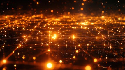 Fototapete - Abstract golden light network with glowing nodes and lines on dark background