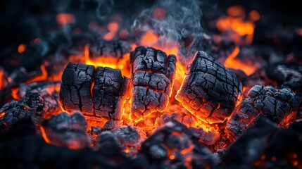 Poster - Glowing embers and charred wood with intense orange flames, close-up view. Heat and energy concept