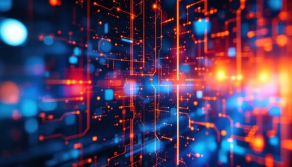 Fototapete - Futuristic digital circuit network with glowing orange and blue lights