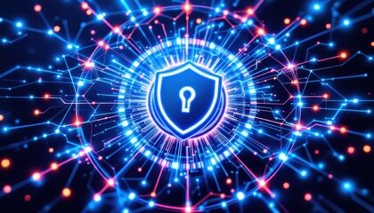 Fototapete - Futuristic cybersecurity concept with digital network and shield symbol
