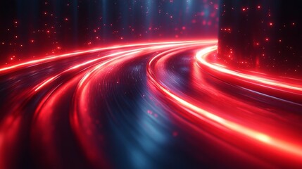 Poster - Glowing red neon light trails curving through dark tunnel with sparkles, futuristic technology vibe. Sci-fi and innovation concept