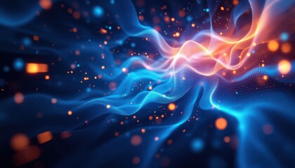 Poster - Dynamic abstract waves with glowing particles in blue and orange tones