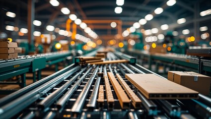 Poster - warehouse assembly line with wooden materials in a busy manufacturing facility during late afternoon