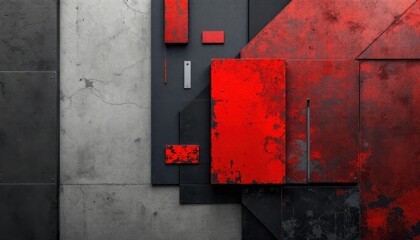Poster - Abstract geometric composition with red and gray textured panels