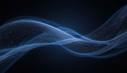 Fototapete - Abstract blue light waves on dark background with glowing particles