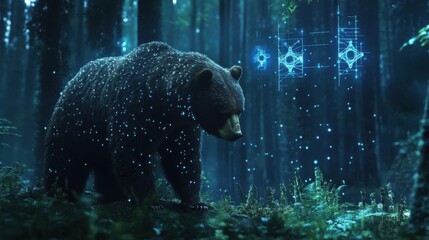 Poster - A glowing bear walks through a dark mystical forest scene
