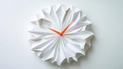 paper clock with bright orange hands and origami design