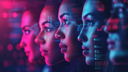 Poster - Women heads with data graphs in an abstract futuristic background