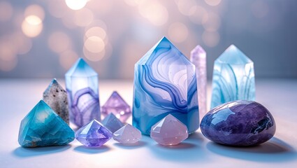 Poster - beautiful arrangement of colorful crystals and gemstones on a soft background